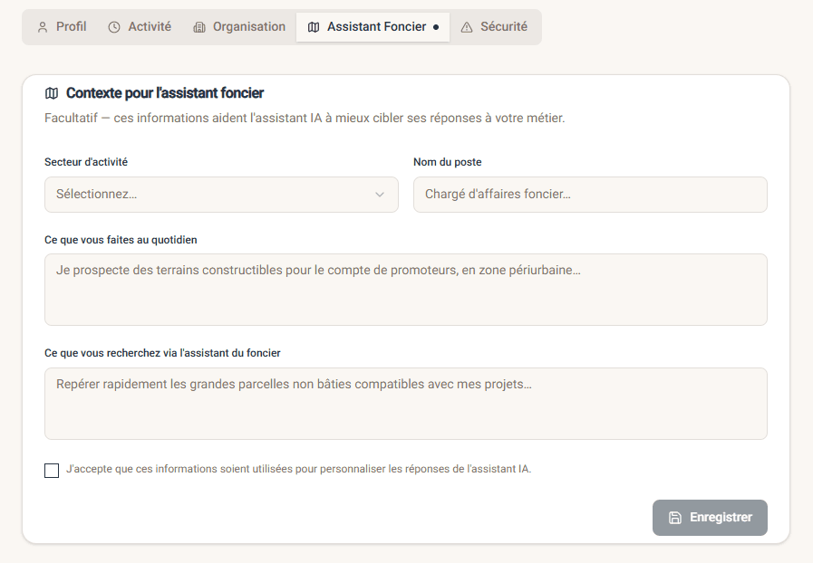 Onglet Assistant Foncier du compte : formulaire de contexte professionnel